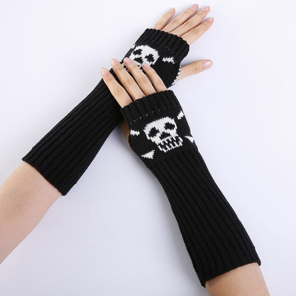 Skull Jacquard Fingerless Long Knit Gloves - Black