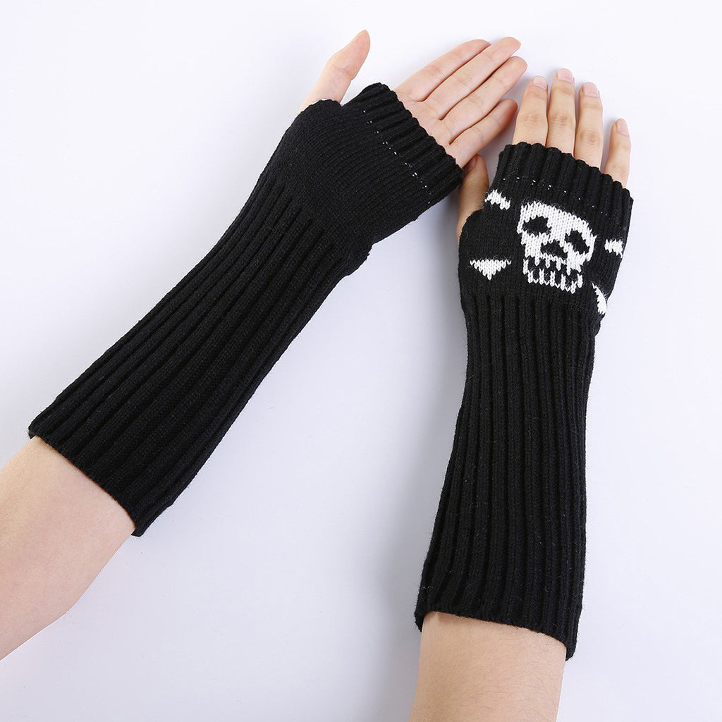 Skull Jacquard Fingerless Long Knit Gloves - Black - 1
