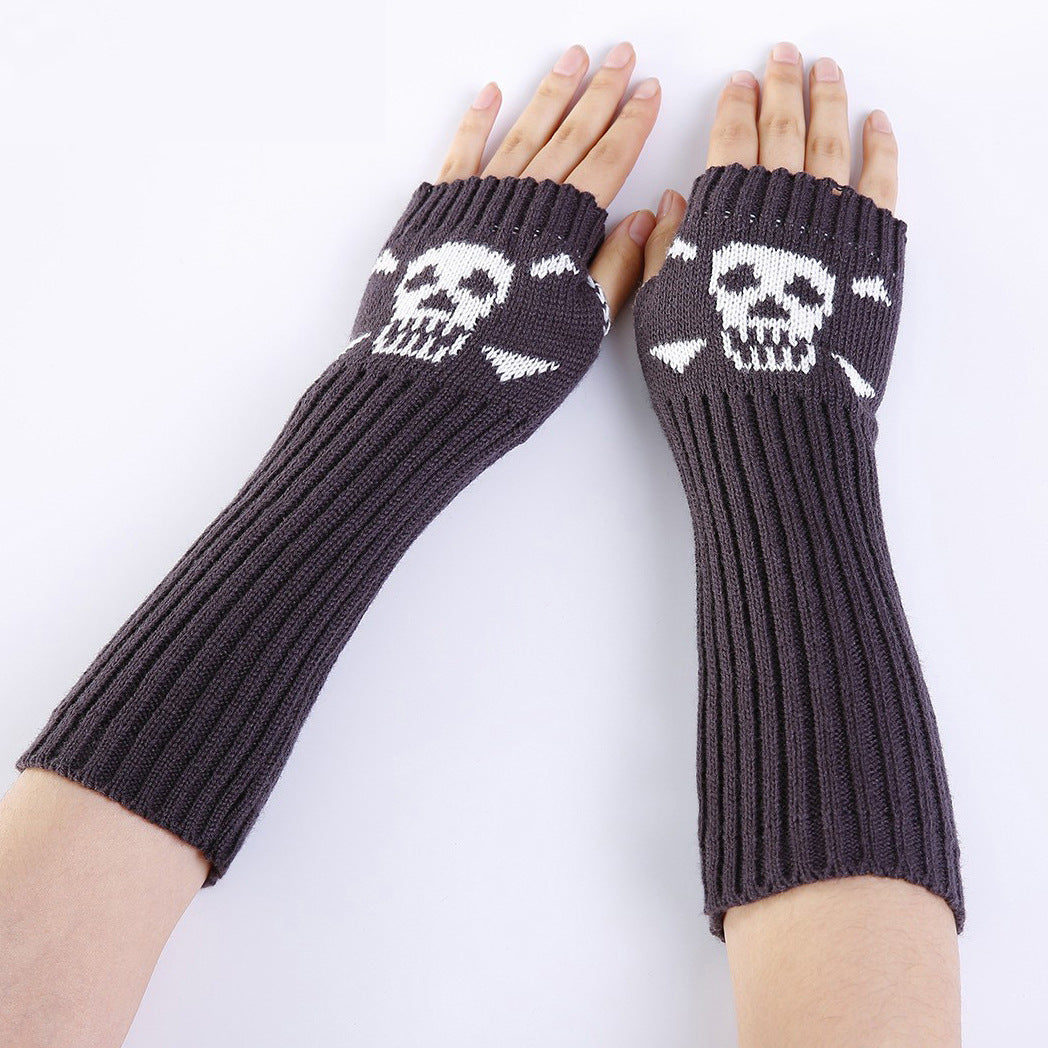 Skull Jacquard Fingerless Long Knit Gloves - DarkGrey