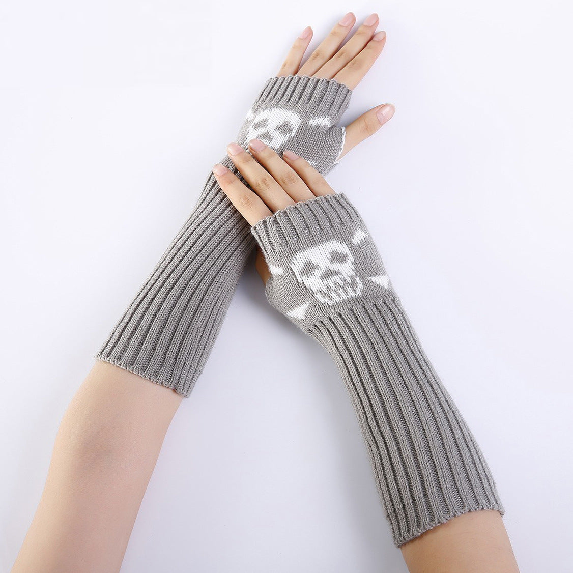 Skull Jacquard Fingerless Long Knit Gloves - Gray