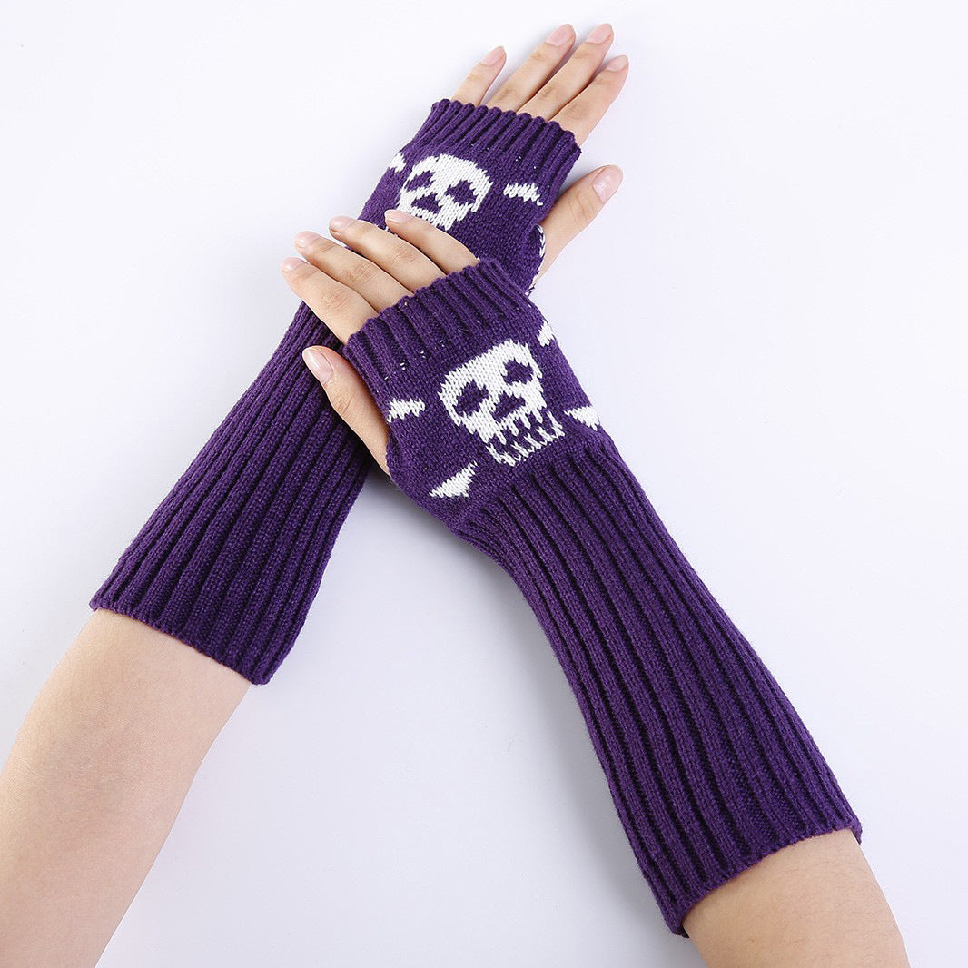 Skull Jacquard Fingerless Long Knit Gloves - Purple