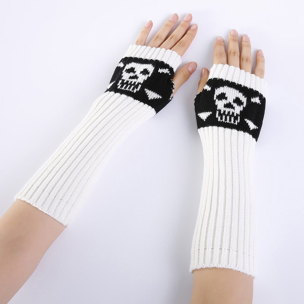 Skull Jacquard Fingerless Long Knit Gloves - White