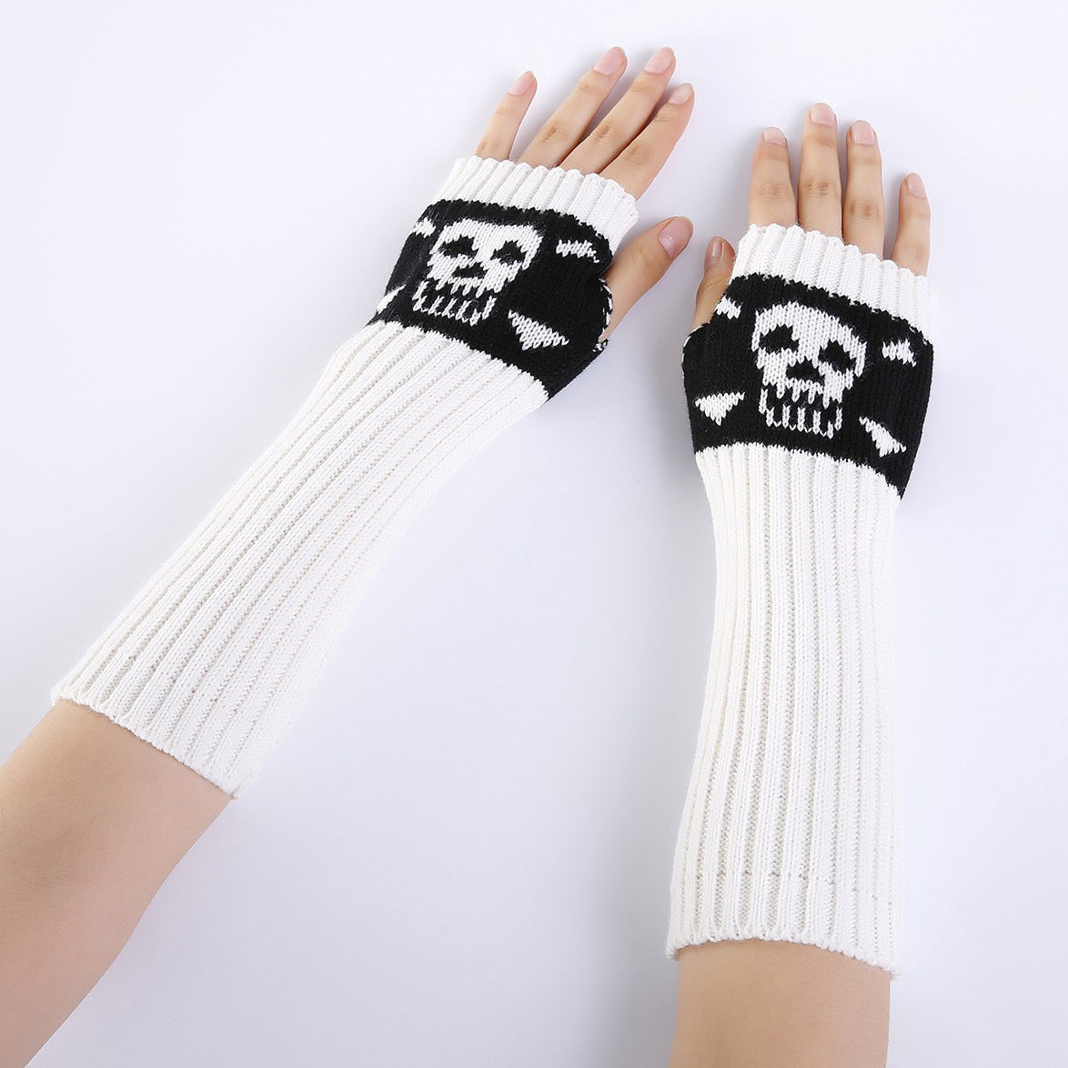 Skull Jacquard Fingerless Long Knit Gloves - White