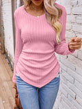 Ruched Side V-Neck Rib Knit Top - Pink