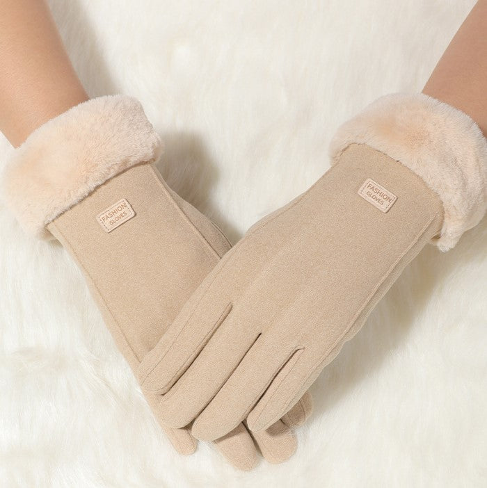 Plush Lapel Cuff Suede Touch Winter Gloves - Beige