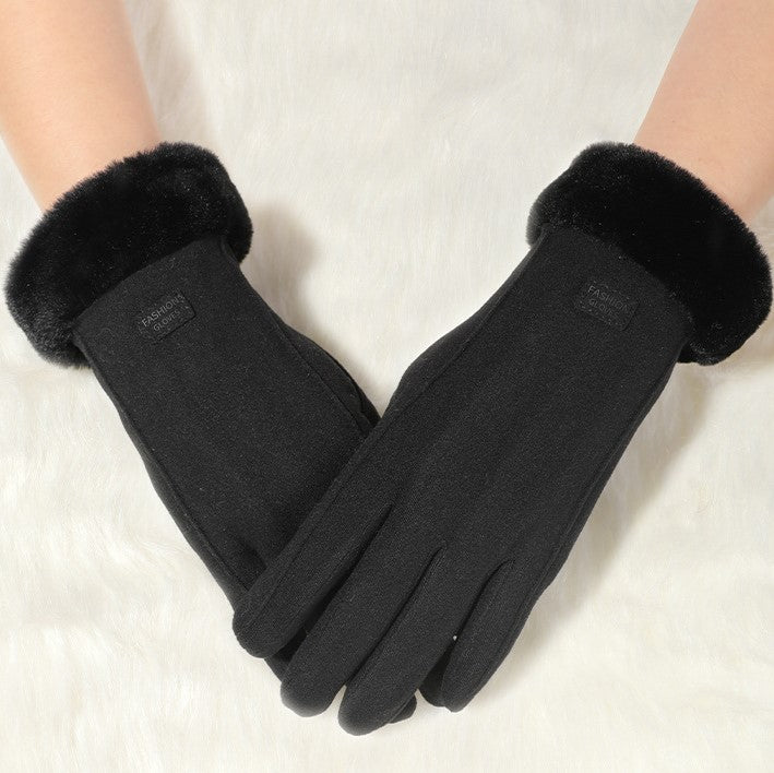 Plush Lapel Cuff Suede Touch Winter Gloves - Black