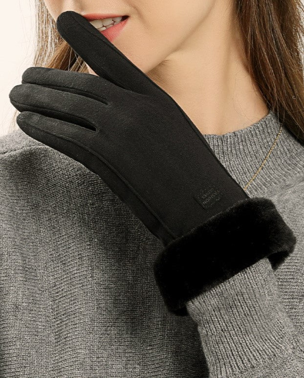 Plush Lapel Cuff Suede Touch Winter Gloves - Black - 1