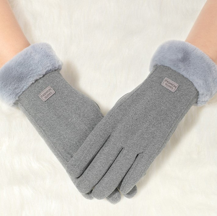 Plush Lapel Cuff Suede Touch Winter Gloves - Grey