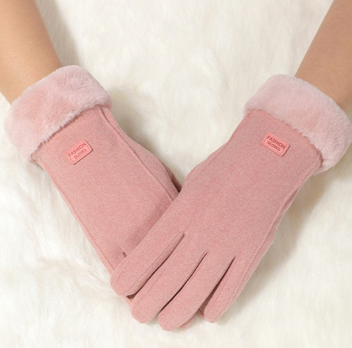 Plush Lapel Cuff Suede Touch Winter Gloves - Pink