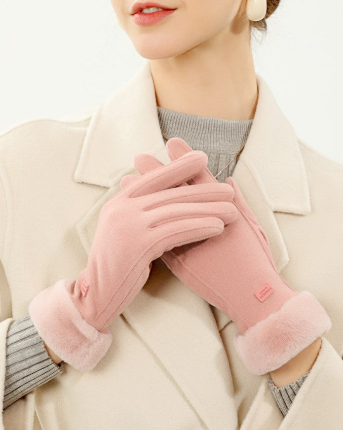 Plush Lapel Cuff Suede Touch Winter Gloves - Pink - 1