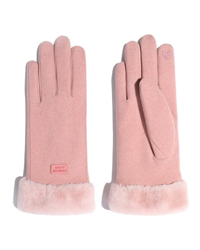 Plush Lapel Cuff Suede Touch Winter Gloves - Pink - 2