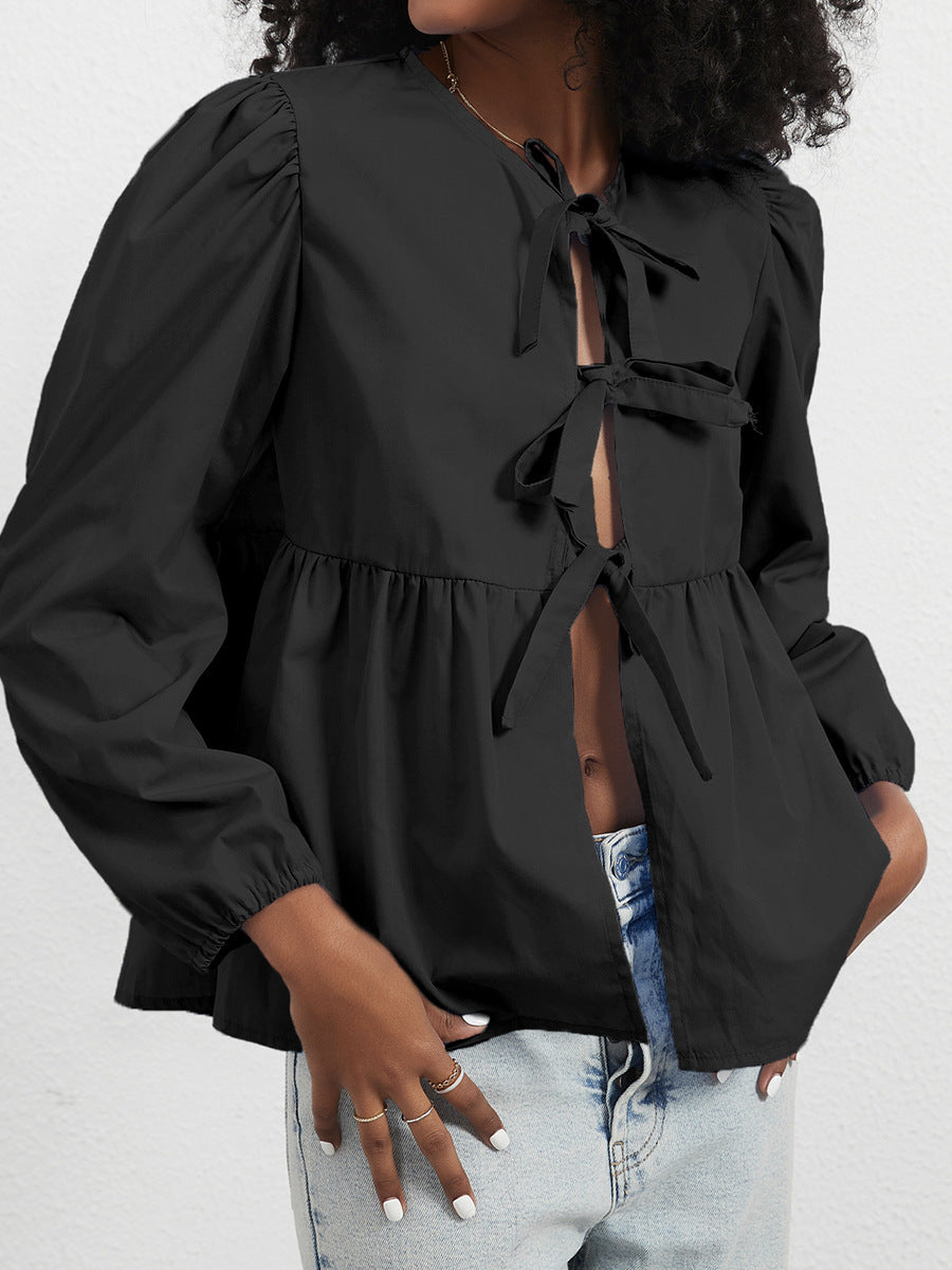 Bow Tie Front Puff Sleeve Peplum Top - Black