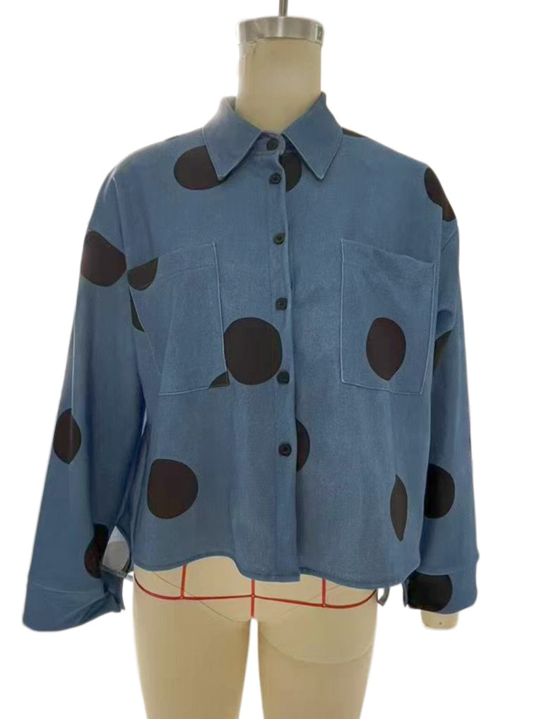 Slouchy Polka-Dot High-Low Hem Button-Down Shirt - Blue - 2
