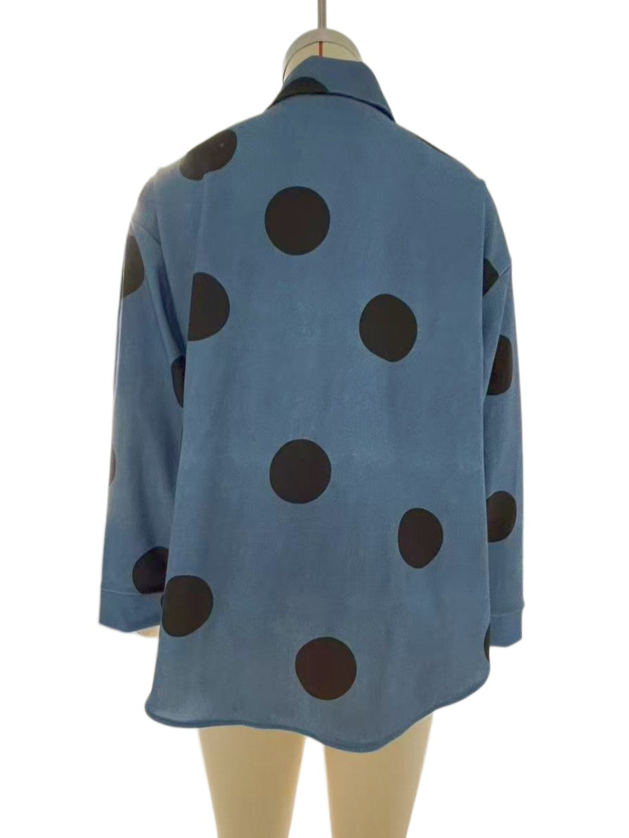 Slouchy Polka-Dot High-Low Hem Button-Down Shirt - Blue - 3