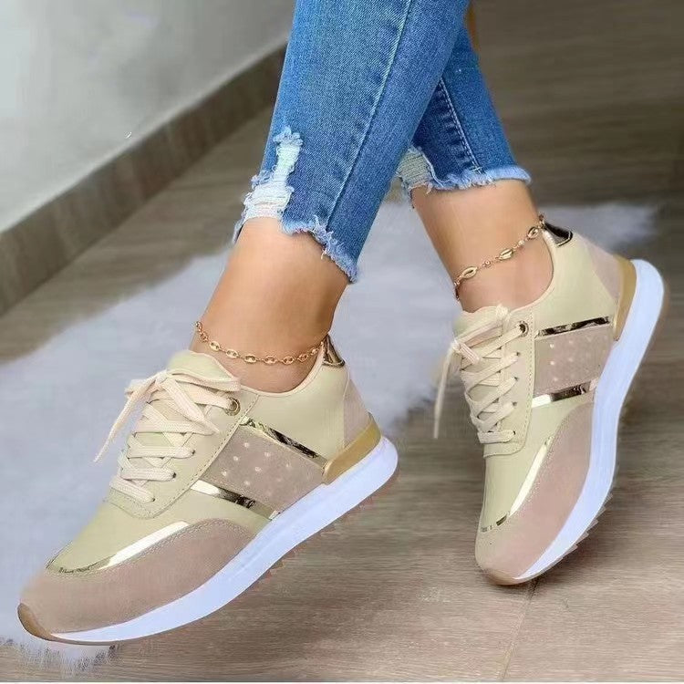 Metallic Trim Lace Up Platform Sneakers - Apricot