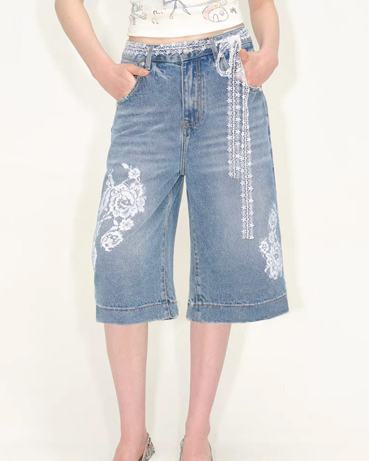 Rose Print Baggy Denim Bermuda Shorts - Blue
