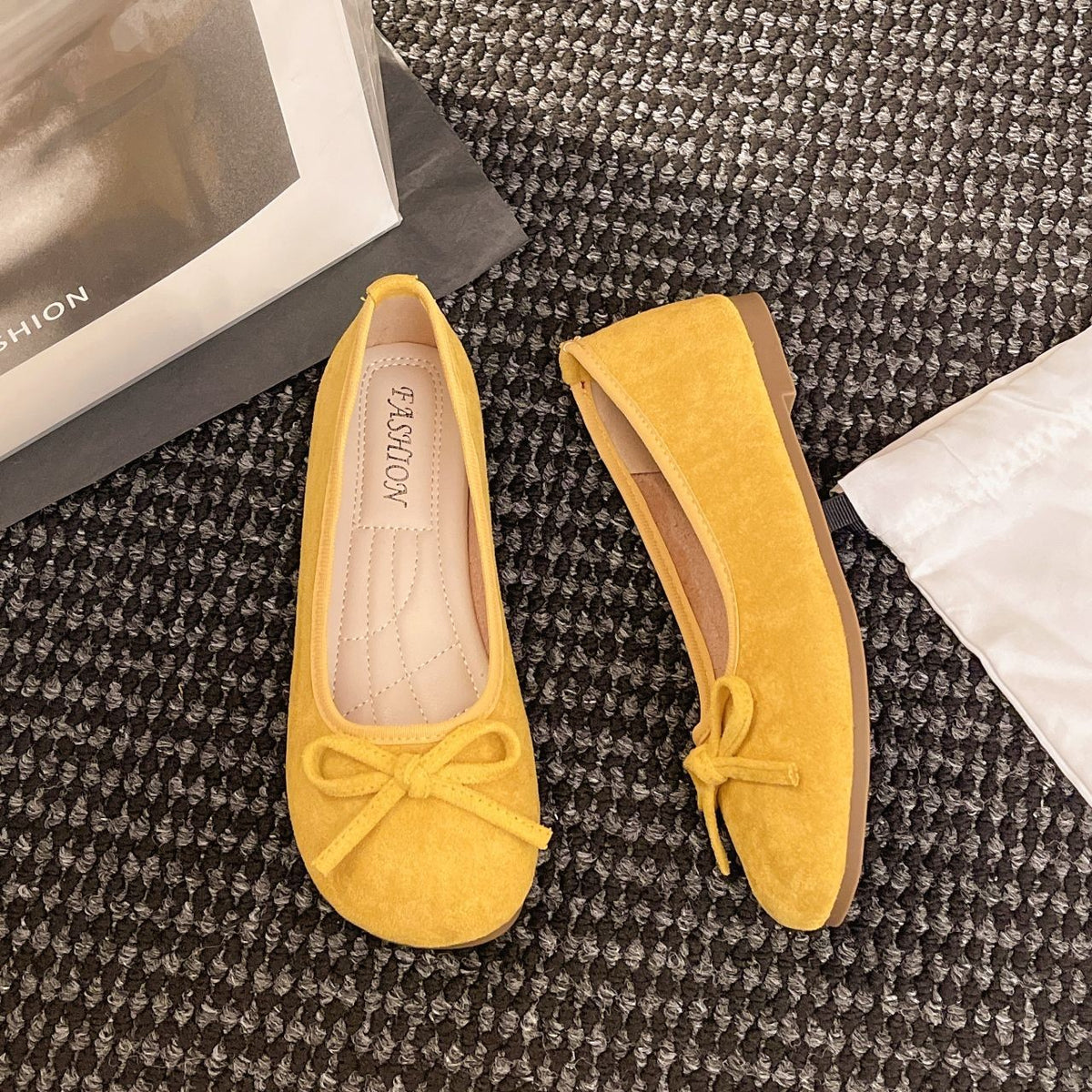 Faux Suede Bow Front Ballet Flats - Yellow