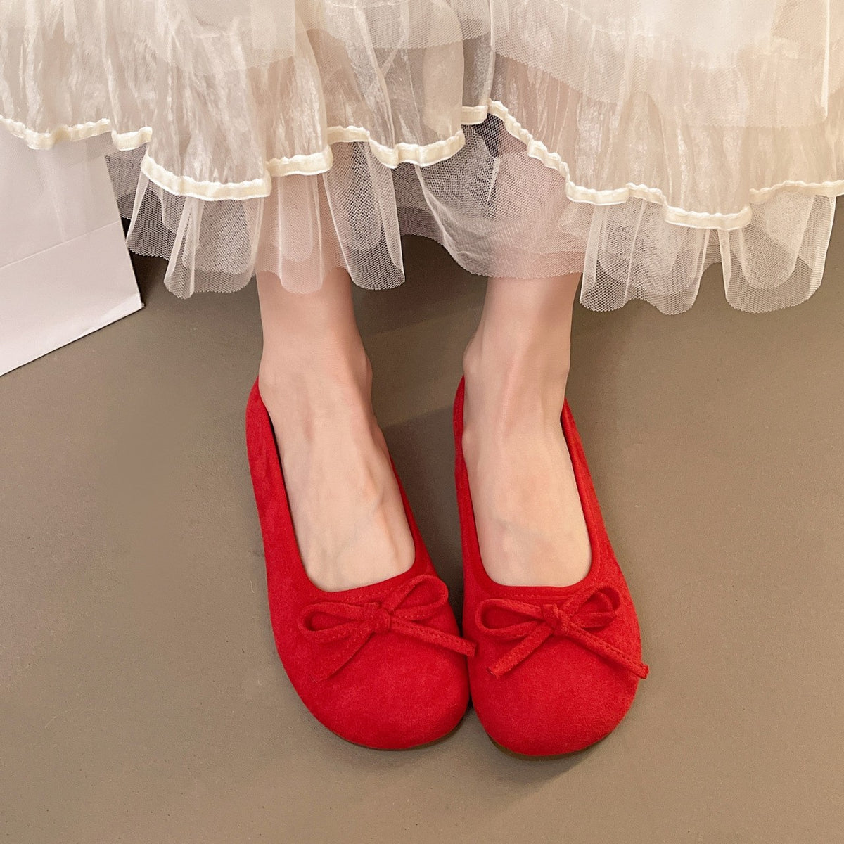 Faux Suede Bow Front Ballet Flats
