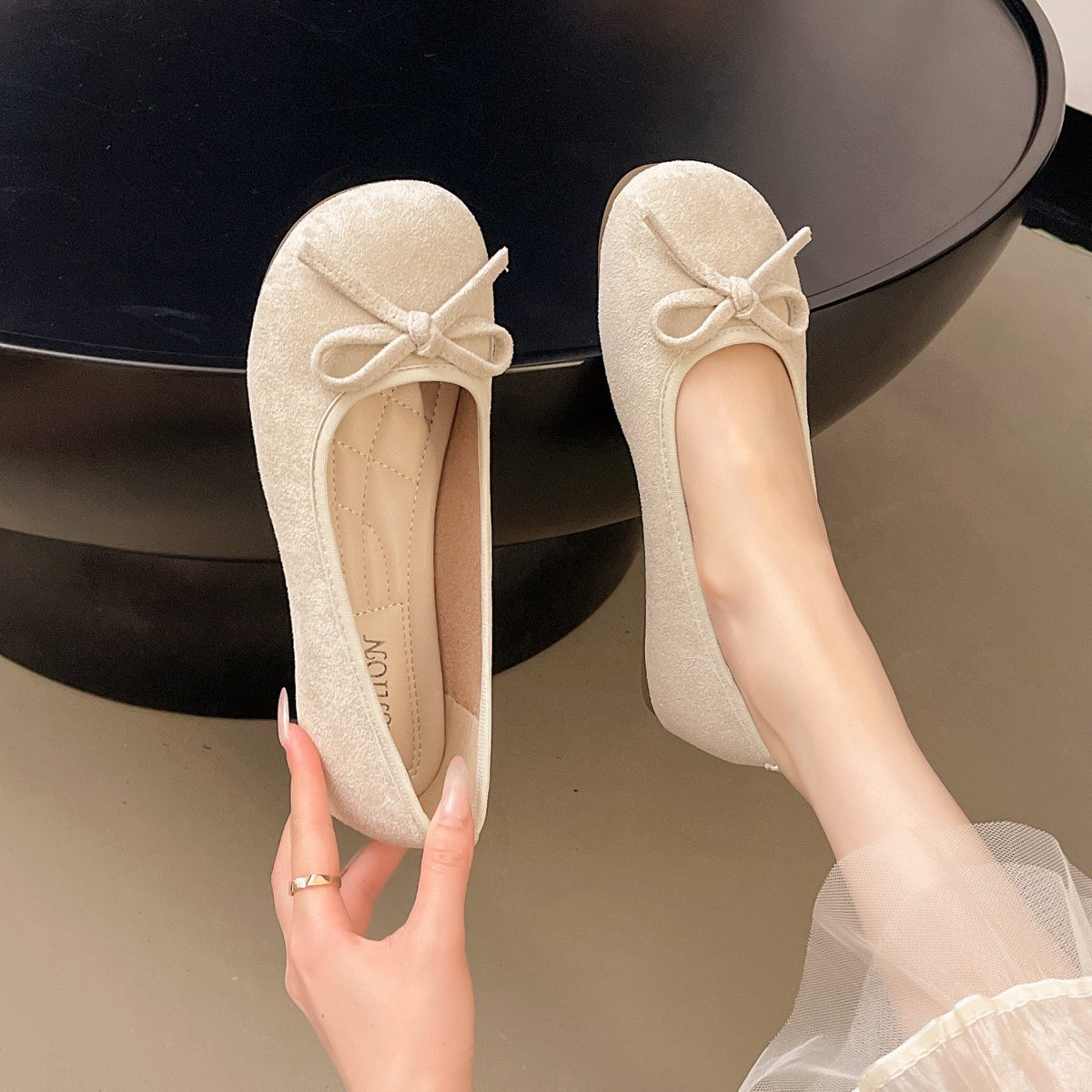 Faux Suede Bow Front Ballet Flats