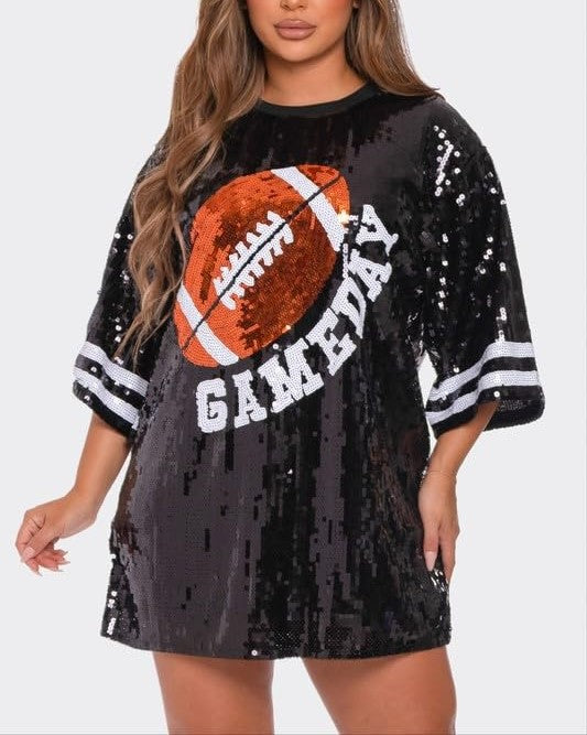 Oversized Sequin Football Jersey Tunic Top - Black
