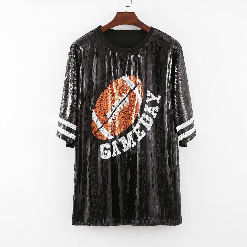 Oversized Sequin Football Jersey Tunic Top - Black - 1