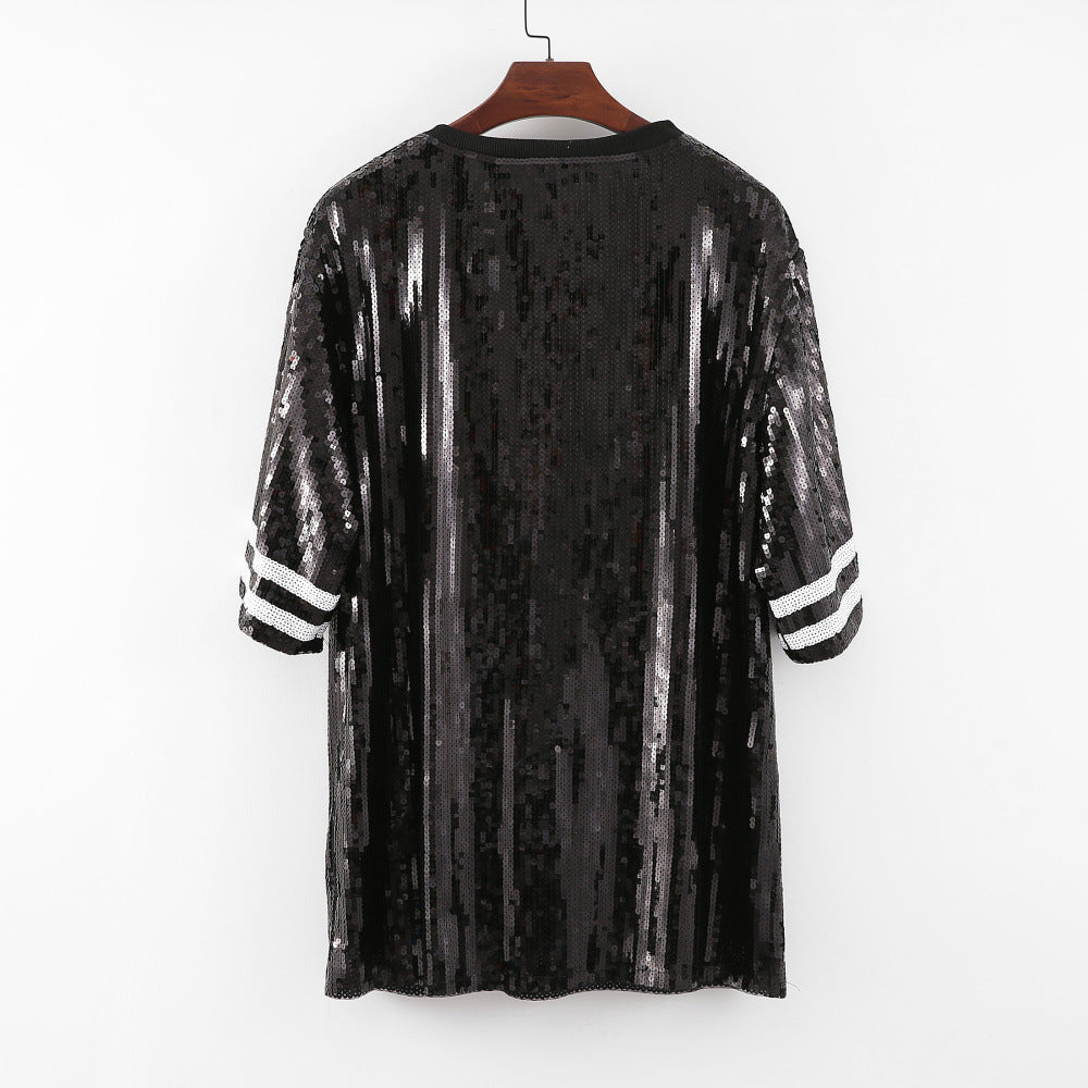 Oversized Sequin Football Jersey Tunic Top - Black - 2