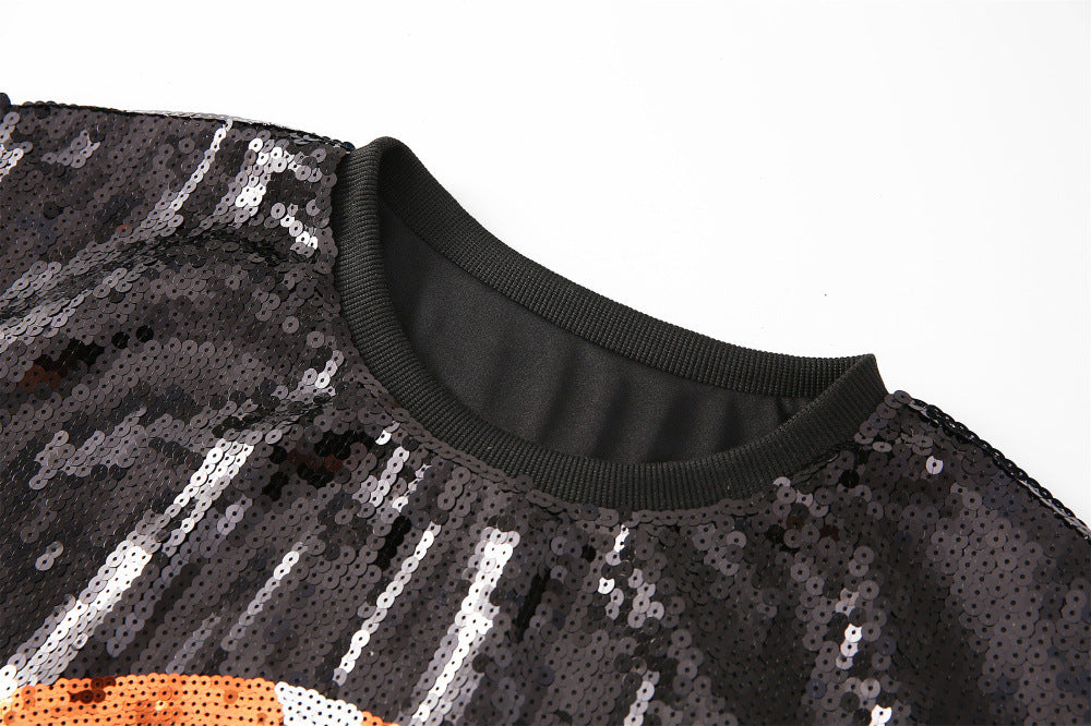 Oversized Sequin Football Jersey Tunic Top - Black - 3