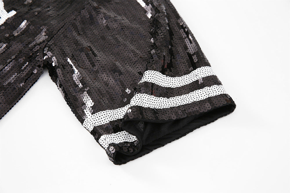 Oversized Sequin Football Jersey Tunic Top - Black - 5