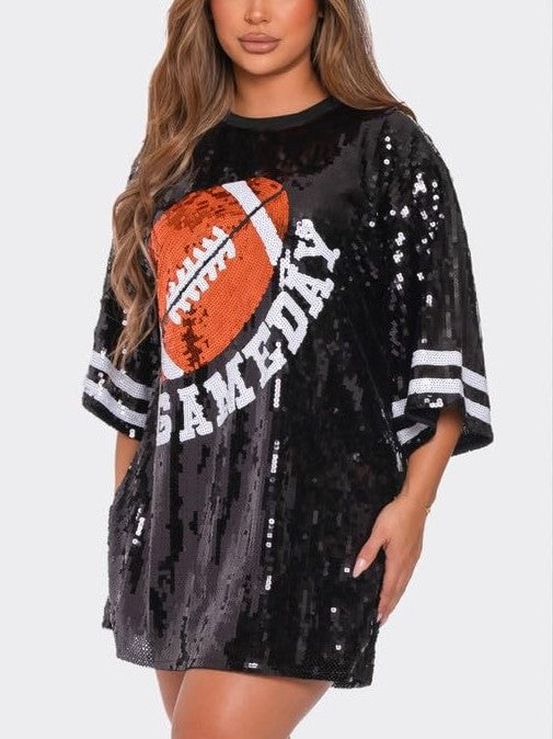 Oversized Sequin Football Jersey Tunic Top - Black - 8