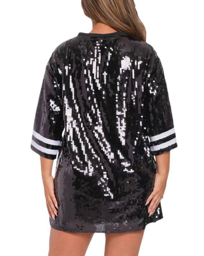 Oversized Sequin Football Jersey Tunic Top - Black - 9