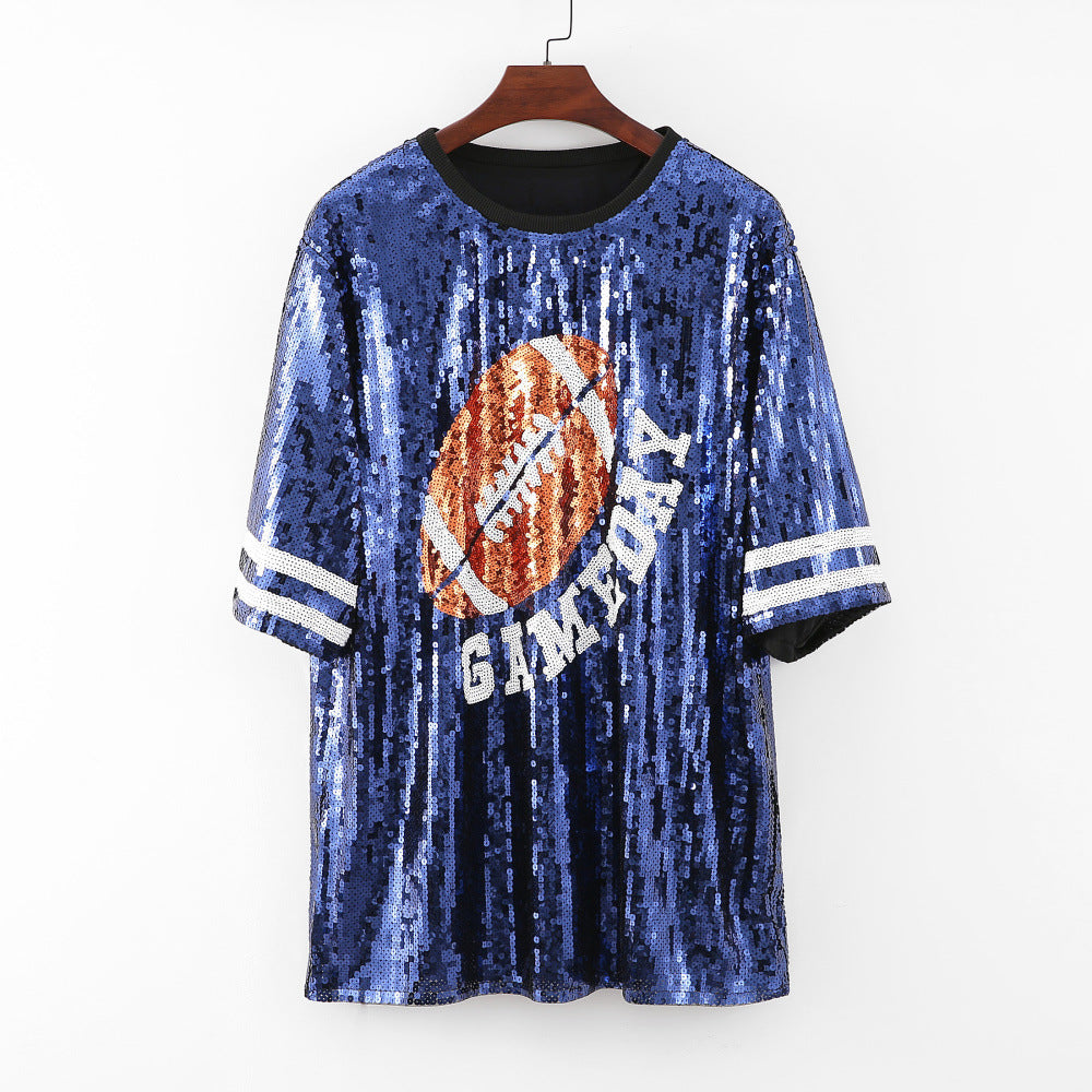 Oversized Sequin Football Jersey Tunic Top - Blue