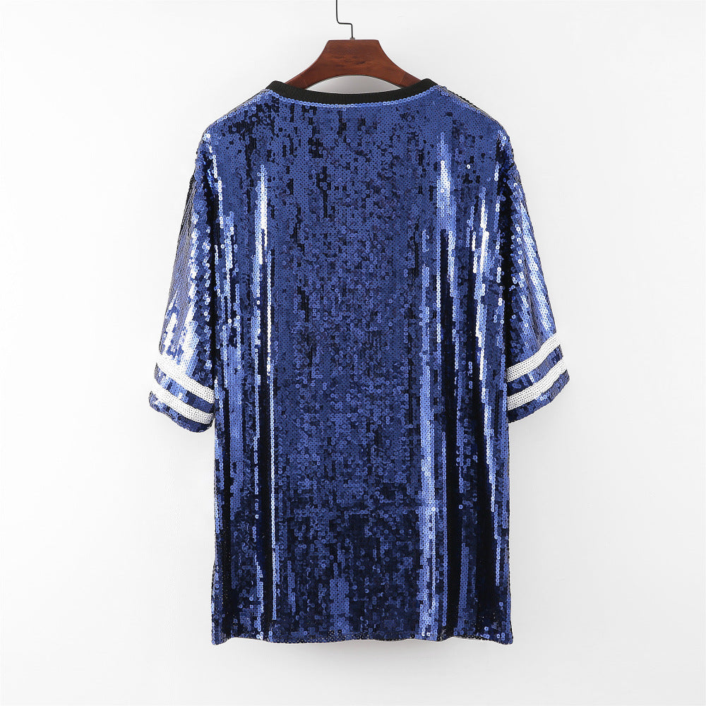 Oversized Sequin Football Jersey Tunic Top - Blue - 1