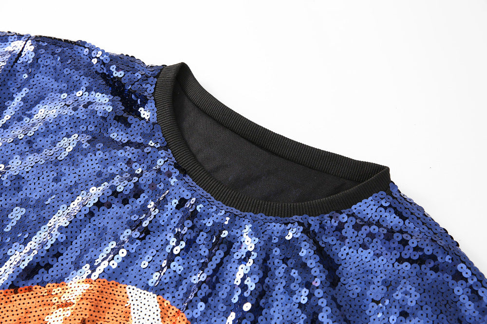 Oversized Sequin Football Jersey Tunic Top - Blue - 2