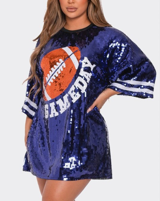 Oversized Sequin Football Jersey Tunic Top - Blue - 5