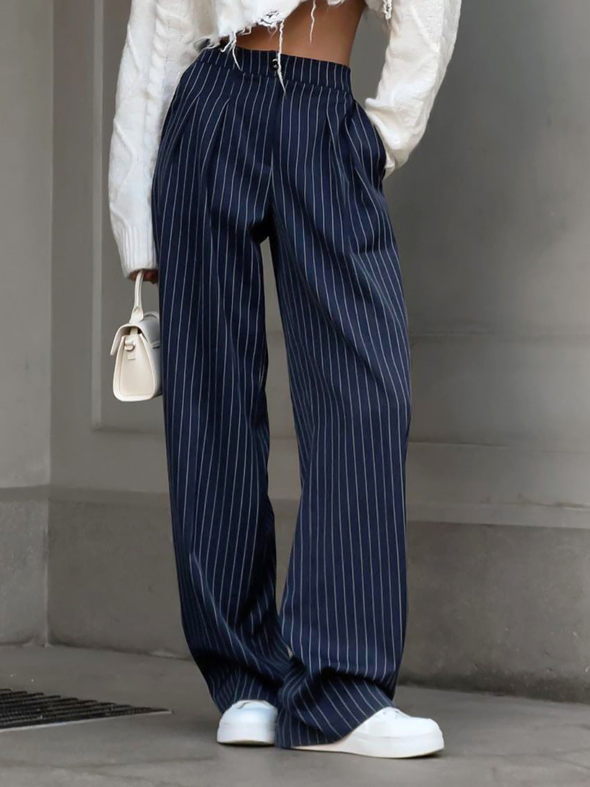 Pinstripe Pleated Wide Leg Trousers - Navy