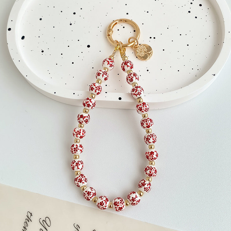 Painted Floral Bead Wristlet Keychain With Coin Charm - Color_03