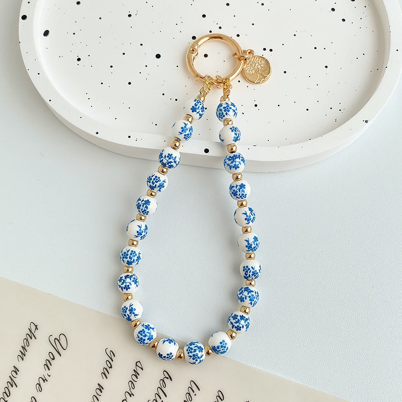 Painted Floral Bead Wristlet Keychain With Coin Charm - Color_04