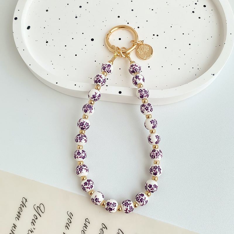 Painted Floral Bead Wristlet Keychain With Coin Charm - Color_06