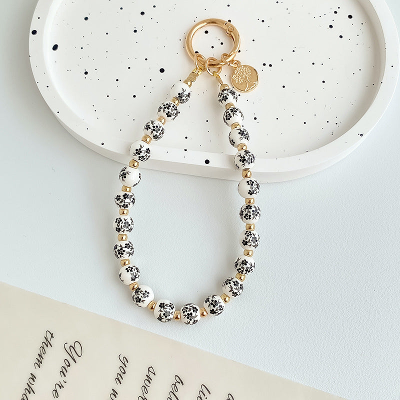 Painted Floral Bead Wristlet Keychain With Coin Charm - Color_07