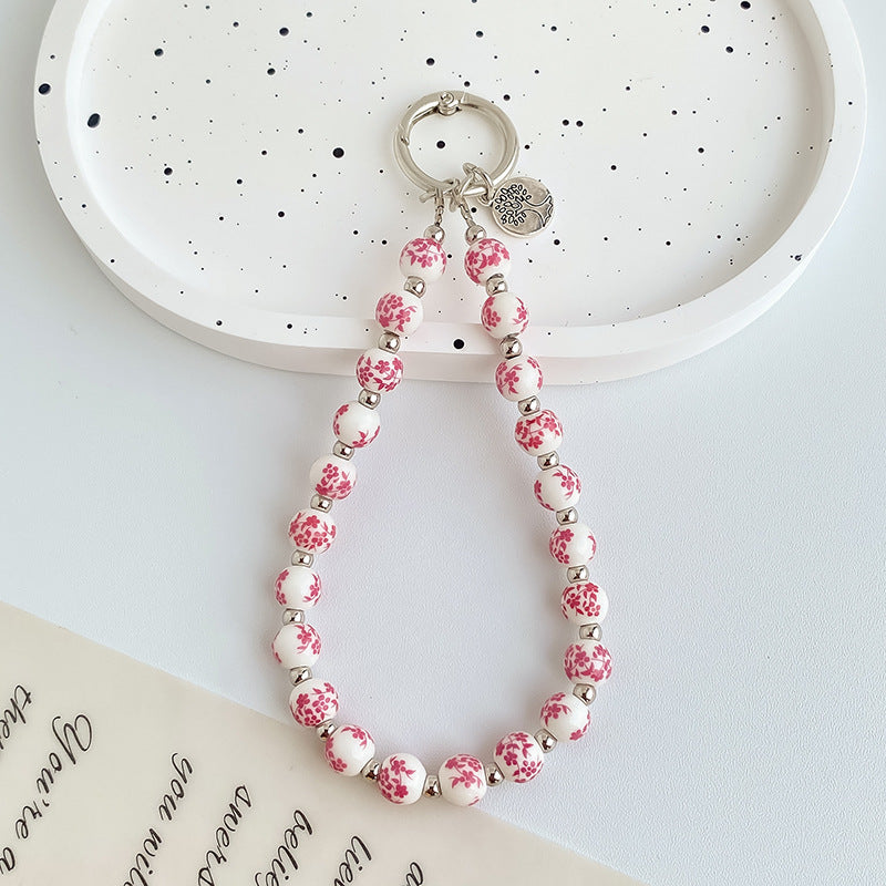 Painted Floral Bead Wristlet Keychain With Coin Charm - Color_09