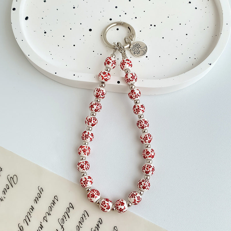 Painted Floral Bead Wristlet Keychain With Coin Charm - Color_10