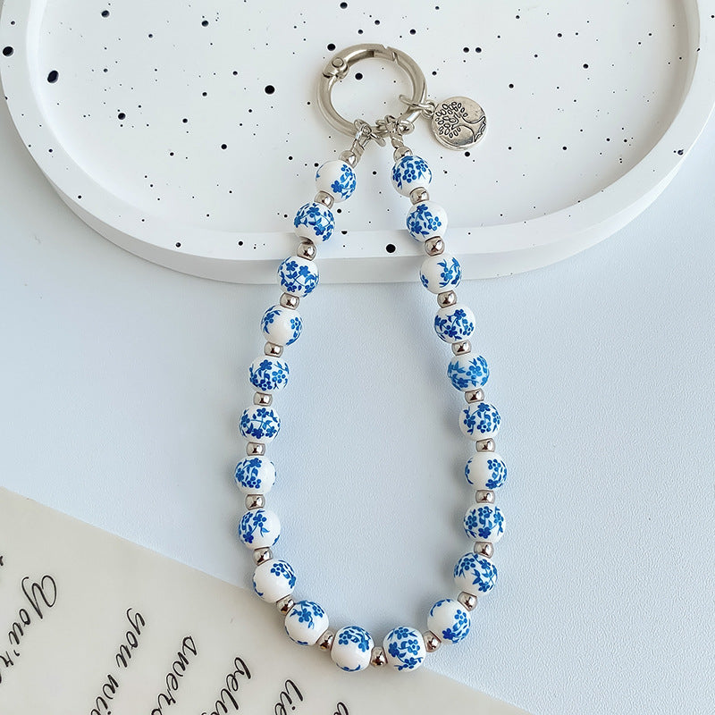 Painted Floral Bead Wristlet Keychain With Coin Charm - Color_11