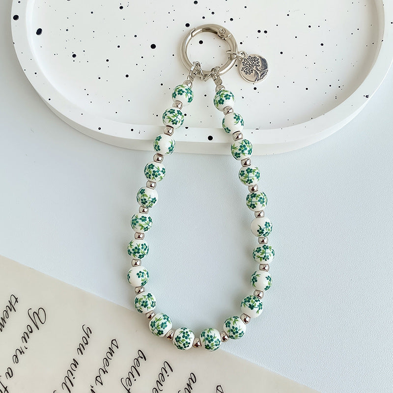Painted Floral Bead Wristlet Keychain With Coin Charm - Color_12