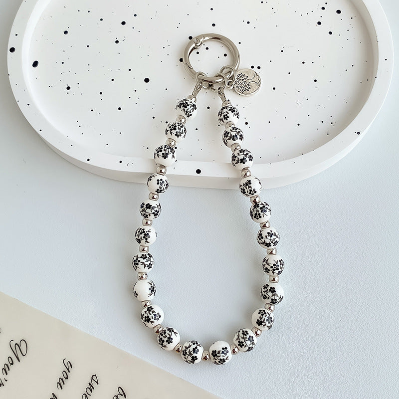 Painted Floral Bead Wristlet Keychain With Coin Charm - Color_13