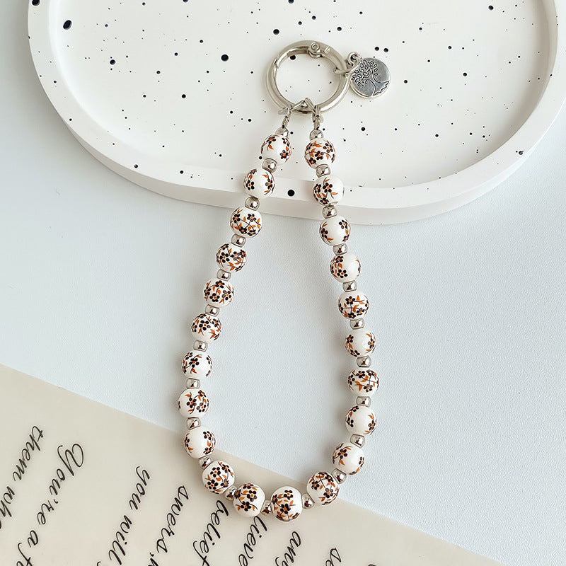 Painted Floral Bead Wristlet Keychain With Coin Charm - Color_14