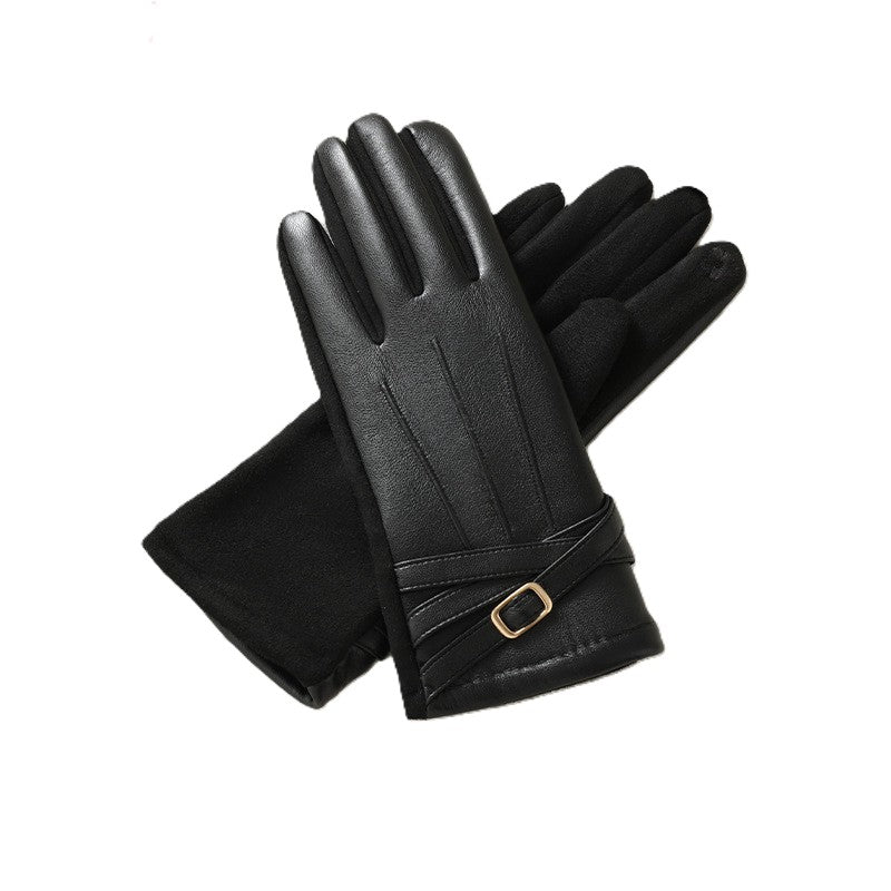 Faux Leather Stitched Back Crossover Buckle Gloves - Black
