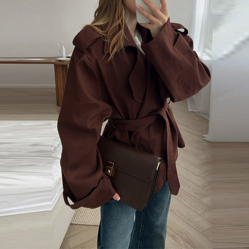 Oversized Belted Double Breasted Short Trench Coat - Burgundy
