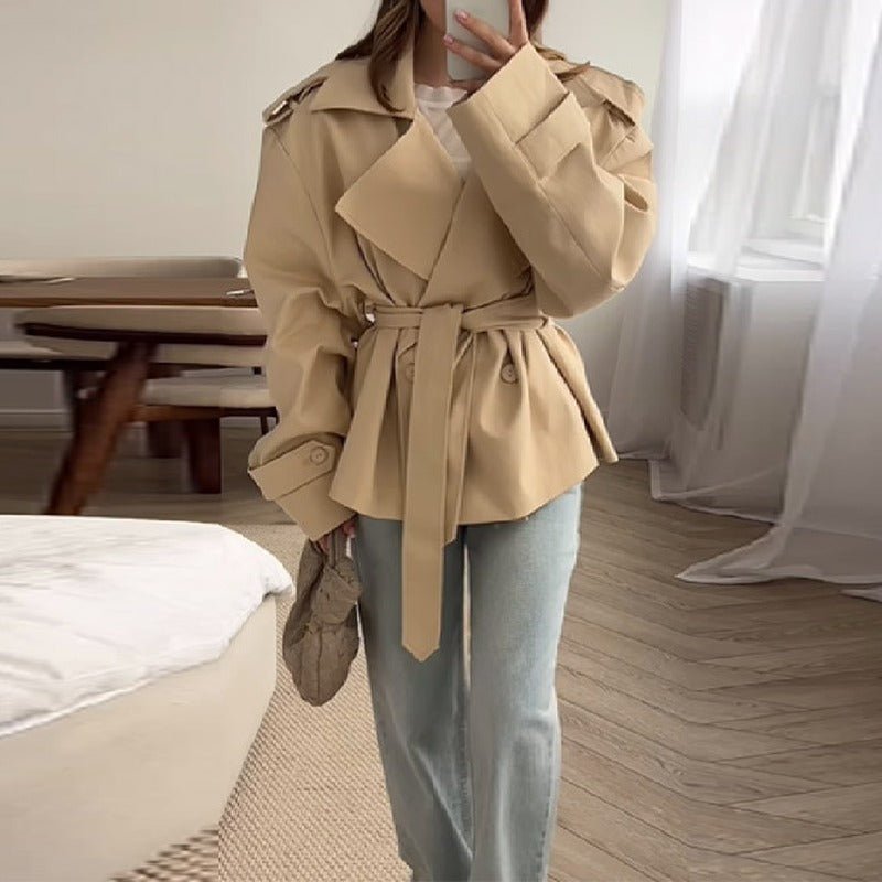 Oversized Belted Double Breasted Short Trench Coat