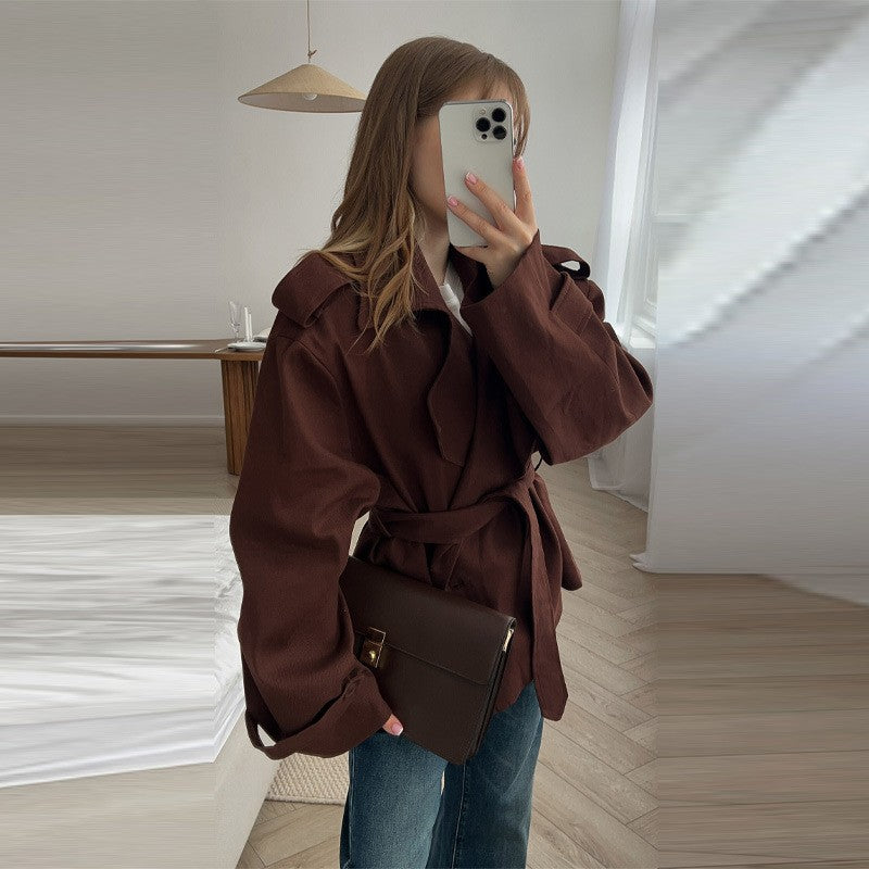 Oversized Belted Double Breasted Short Trench Coat
