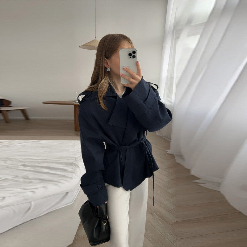 Oversized Belted Double Breasted Short Trench Coat